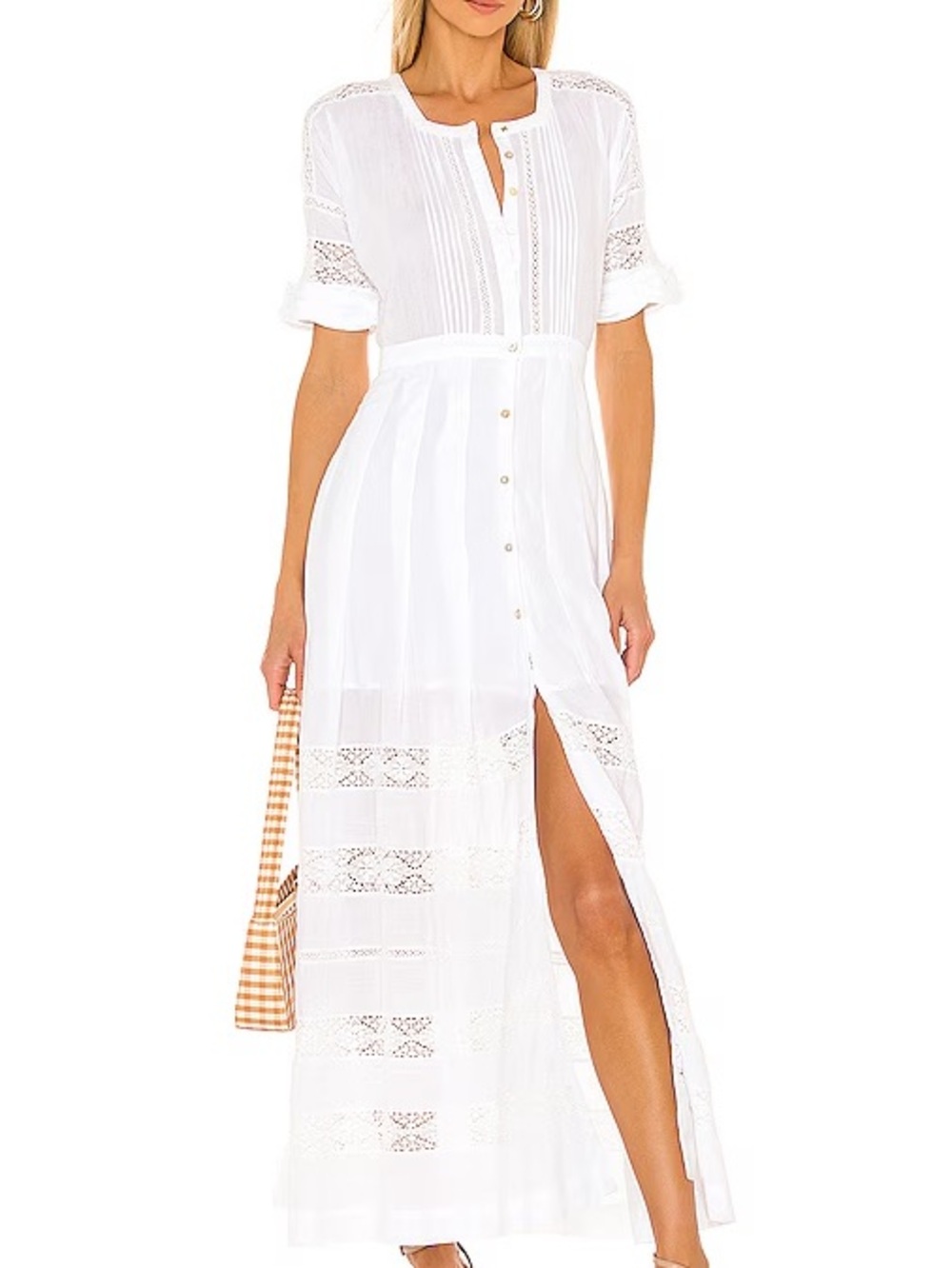 White Button-Front Lace Insert Maxi Dress